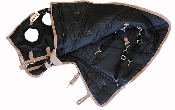 AJ Tack 1200D Waterproof Winter Horse Blanket with Hood - 400g Heavyweight Turnout with Fleece Collar, Shoulder Gussets & Tail Flap - Black 68"