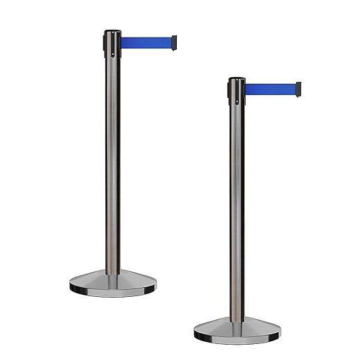 CCW Series RBB-100 - Set of 2 Stanchion Retractable Belt Barriers (9 Foot Belt, Blue Belt with Satin Stainless Steel Post)