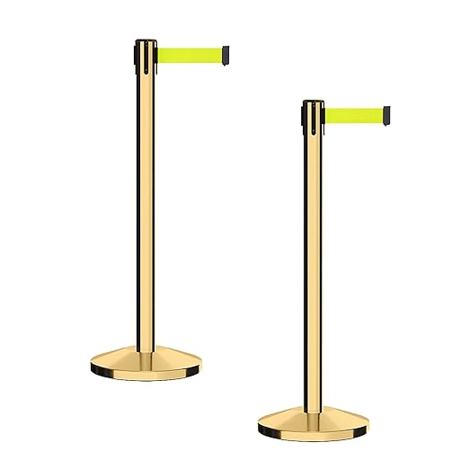 CCW Series RBB-100 - Set of 2 Stanchion Retractable Belt Barriers (9 Foot Belt, Fluorescent Yellow Belt with Polished Brass Post)