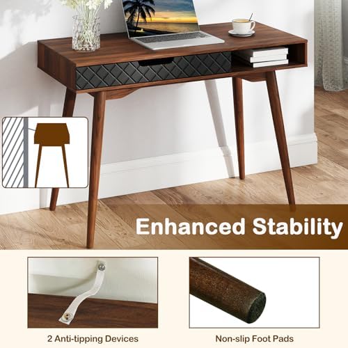 Giantex Mid Century Modern Desk, 42.5" Vintage Computer Desk with Storage Drawer & Rubber Wood Legs, Makeup Vanity Table, Wood Computer Workstation, Small Writing Desk for Bedroom, Small Space, Walnut