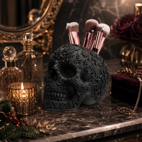 Skull Makeup Brush Holder, Pen Holder, Vanity, Desk, Office Organizer, Stationary, Decor Planter, Candy Bowl, Goth Decorations, Extra Large, Skulls Gothic Skull & Bones Organizer Bathroom