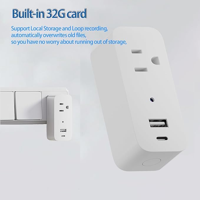 Wireless Plug 1080p Camera Smart Power Strip Support App Remote & Local Storage Suitable for Pet Monitor Built-in 32G Memory Card (No Audio)