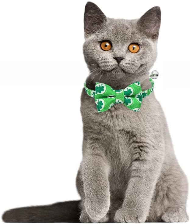 2-Pack Breakaway Cat Collars with Removable Double-Layer Bow Tie and Bell for Boy and Girl Cats,Safety Kitten Collars Suitable for Festivals and Daily. (St. Patrick's Day1)