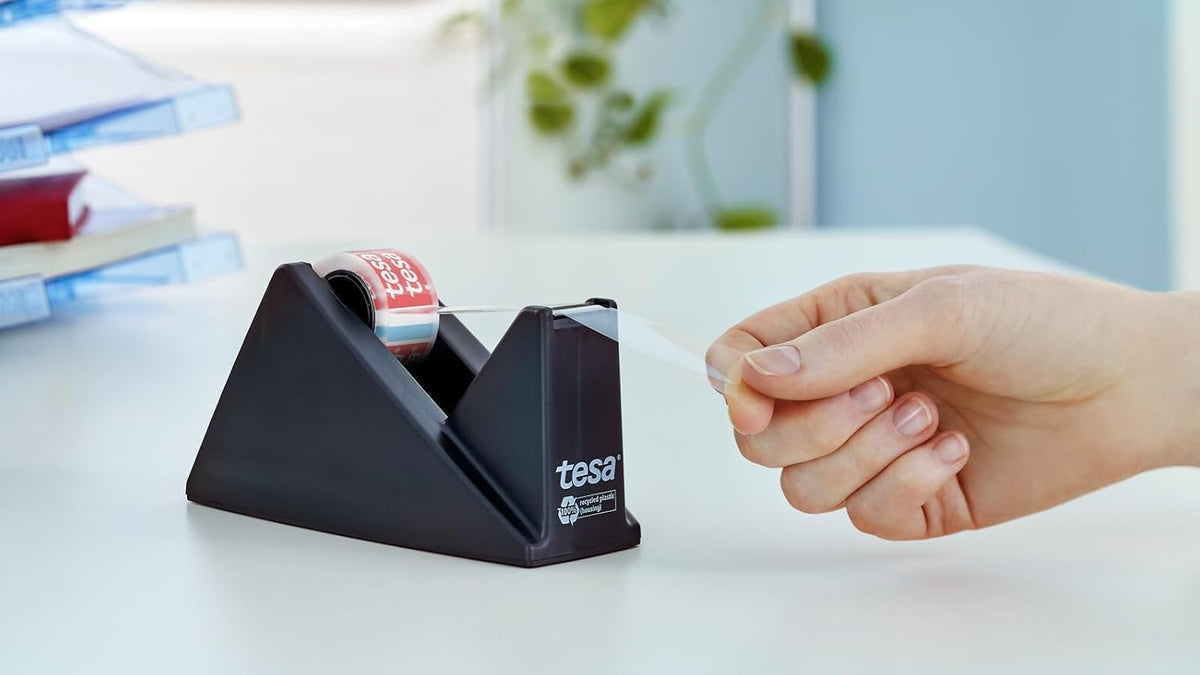 tesafilm Desk Dispenser for Adhesive Tape- Black Includes 1 roll of tesafilm Eco and Clear 10 m x 15 mm