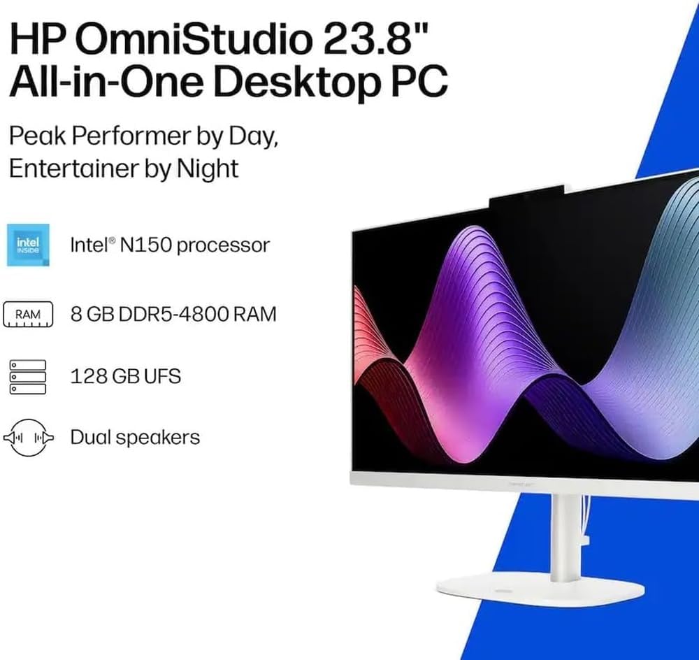 HP OmniStudio All‑in‑One Desktop, 24‑Inch Full HD Display, Intel N150 Quad‑Core CPU, 16GB DDR5 RAM, 128GB UFS Storage, WiFi 6, Bluetooth 5.4, Wired Keyboard & Mouse, Windows 11, Cashmere White