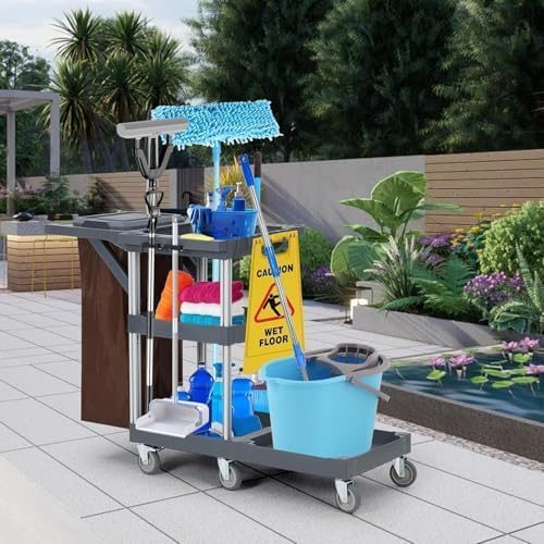 Heavy-Duty Janitorial Cleaning Cart with Wheels, 3-Shelf Rolling Housekeeping Trolley with 16-Gallon Trash Bag – 220 Lb Capacity Utility Cart for Hotels, Schools, Offices & Apartments
