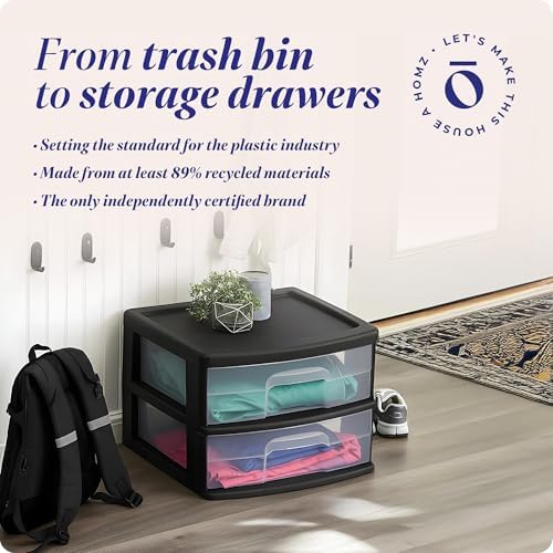 HOMZ 2 Drawer Storage Cart, Wide Plastic Container, Black Frame, 2 Pack