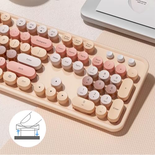 Wireless Keyboard and Mouse Combo, Retro Typewriter Style Keyboard with Round Keycaps, 2.4GHz Dropout-Free Connection Mouse with,Computer PC Desktops Laptop WindowsxP/7/8/10 (Brownish Tea Color)