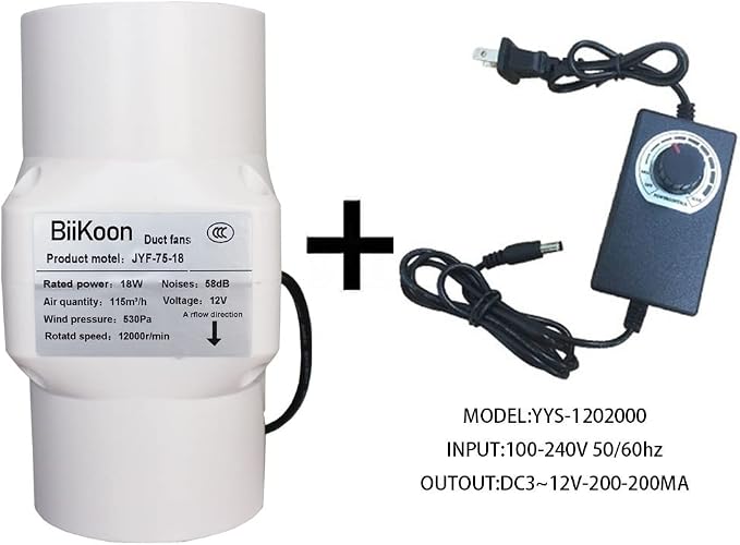 3 Inch/75mm Inline Duct Fan 12V 18W Variable Vent Blower Plastic Air Extractor