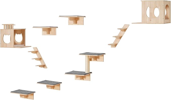 VEVOR Wall Mounted Cat Shelves, Cat Wall Shelves and Perches with Jumping Boards, Cat Beds, Hammocks & Cat Tree, Cat Furniture and Shelves up to 40 lbs for Sleeping, Playing, Climbing, Set of 9