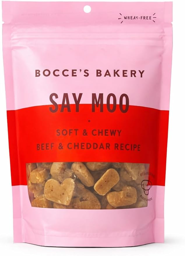 Say Moo Dog Treats. Bocces Bakery. Soft & Chewy Beef & Cheddar Recipe. 1.5 lb.