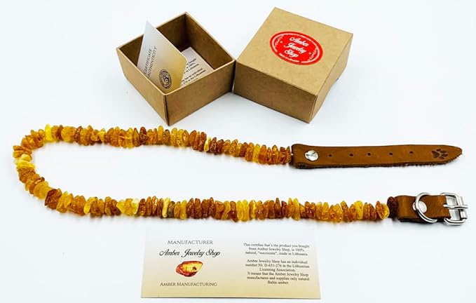 Amber Collars for Dogs & Cats - Baltic Amber Dog & Cat Collar with Adjustable Leather Strap - Raw Knotted Amber Beads (20-25cm)