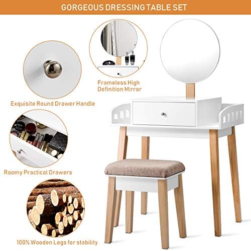 GIANTEX Vanity Table Set with Height Adjustable Round Mirror, Makeup Mirrored Dressing Table with Cushioned Stool, Side Storage and Large Drawer, Gift Vanities for Women Girls Bedroom (White)