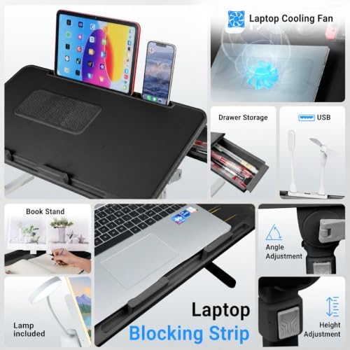 iXTRA Adjustable Laptop Lap Desk with Cooling Fan USB Light for Adults 60x40cm,Black