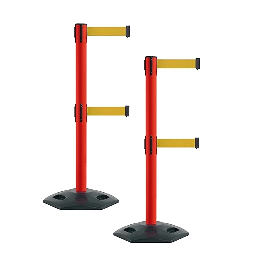 Montour Line MSR630D Set of 2 Retractable Belt Barrier Stanchion, Heavy-Duty Rubber Base, Red Post (11 ft Yellow Dual Belt)