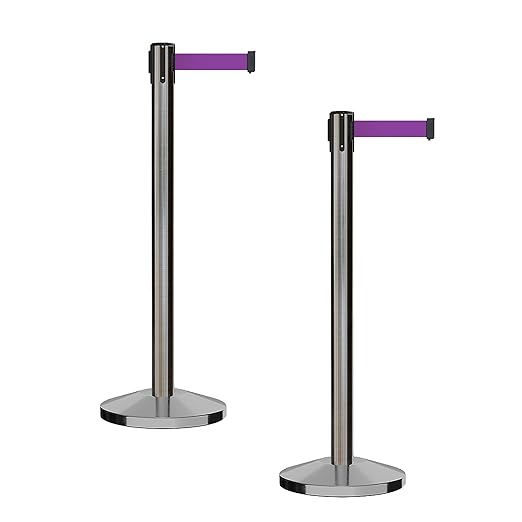 CCW Series RBB-100 - Set of 2 Stanchion Retractable Belt Barriers (9 Foot Belt, Purple Belt with Satin Stainless Steel Post)