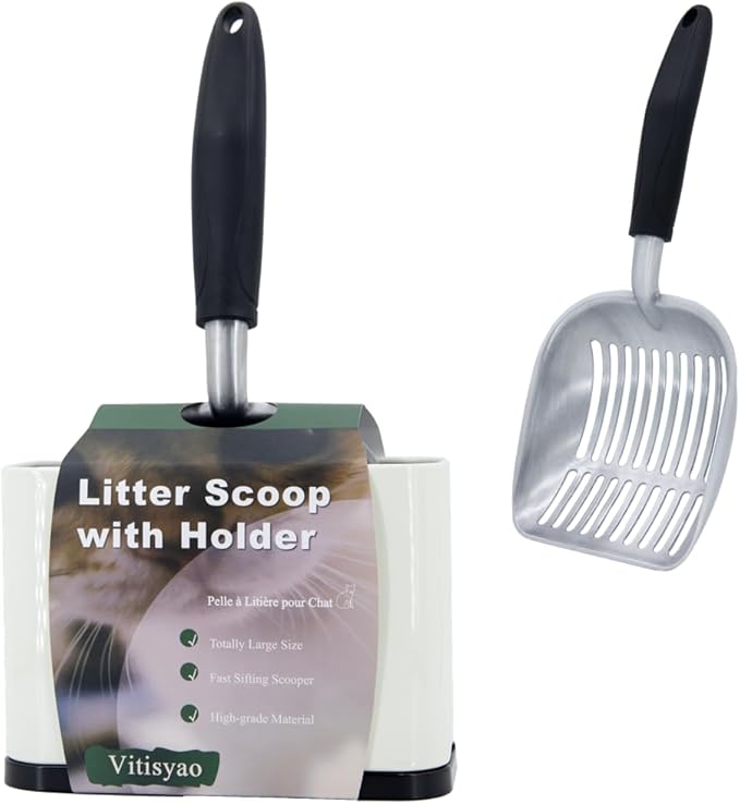 Heavy Duty Cat Litter Scoop with Holder, Stainless Steel Kitty Litter Scooper Caddy for Litter Box, Aluminum Speed Sifter Captures All Clumps