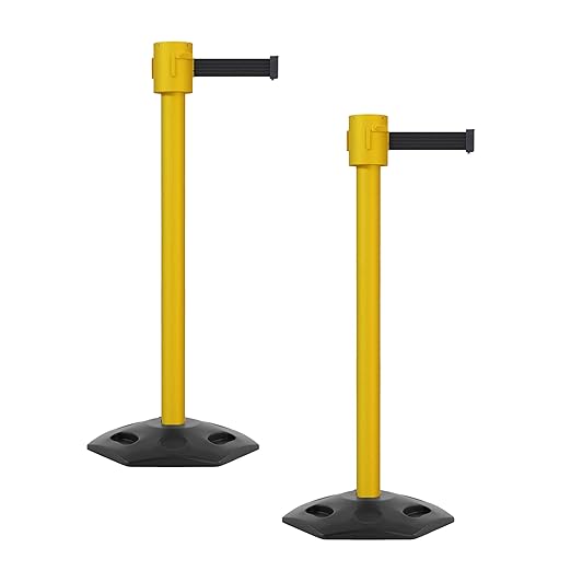 Montour Line MSR760 Set of 2 Retractable Belt Barrier Stanchion, Rubber Base, Yellow Post (35 ft Black Belt)