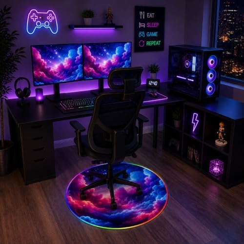 Gaming Chair Mat for Hardwood Floor Circle RGB Light - Clouds 47”