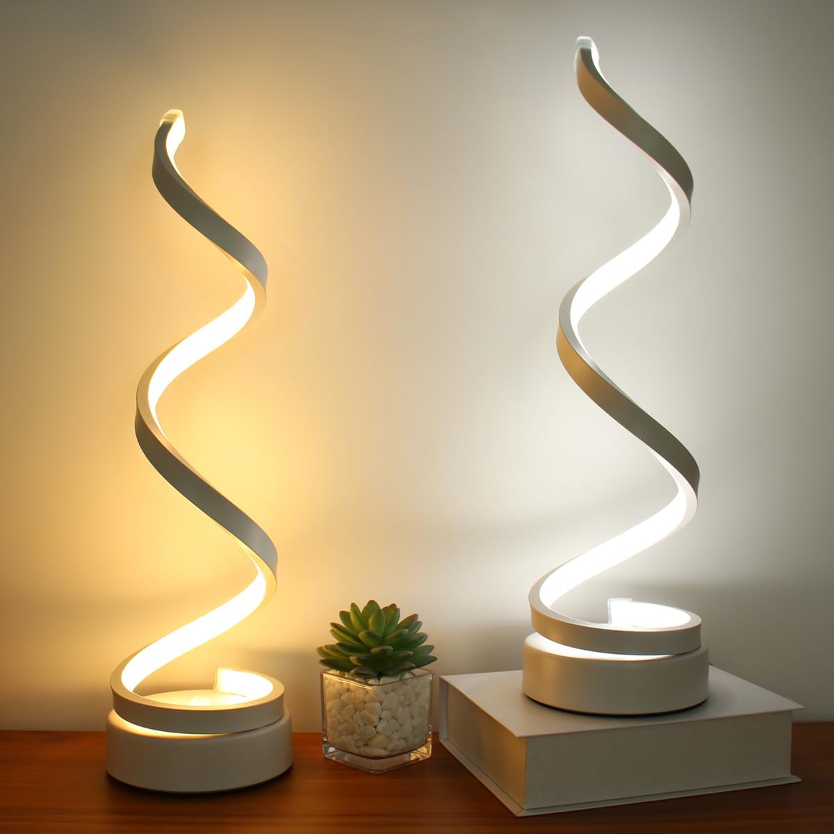 Modern Table Lamps Set of 2, Dimmable Spiral Table Lamps for Night Stand, 12W LED Desk Lamp 3 Color 10 Brightness Level Bedside Lamps Desk Light Office Lamp for Bedroom, Living Room (White)