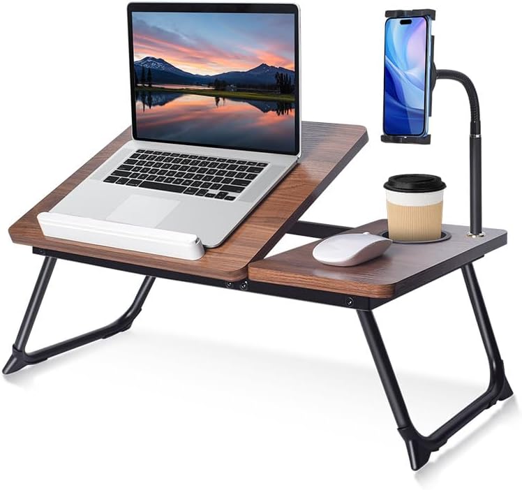 wishacc Lap Desk for Bed, Foldable Laptop Bed Tray Table with Independent Adjustable Tablet & Phone Stand, Portable Work from Couch Desk Tray with Mouse Area, Computer Laptop Holder for Recliner Sofa