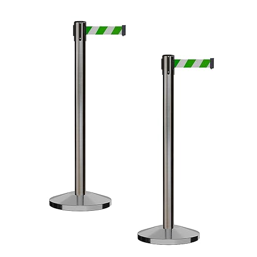 CCW Series RBB-100 - Set of 2 Stanchion Retractable Belt Barriers (9 Foot Belt, Green and White Diagonal Belt with Satin Stainless Steel Post)