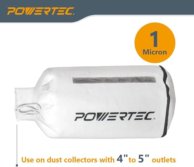 POWERTEC Dust Collector Bag w/ 5" Band Clamp Kit, 1 Micron Dust Bag & 4-3/4" to