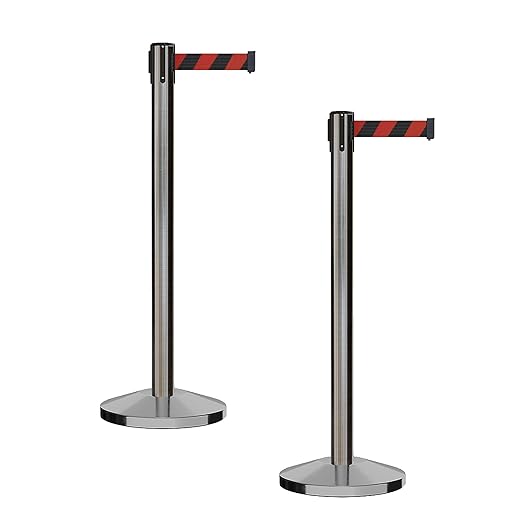 CCW Series RBB-100 - Set of 2 Stanchion Retractable Belt Barriers (11 Foot Belt, Black and Red Diagonal Belt with Satin Stainless Steel Post)