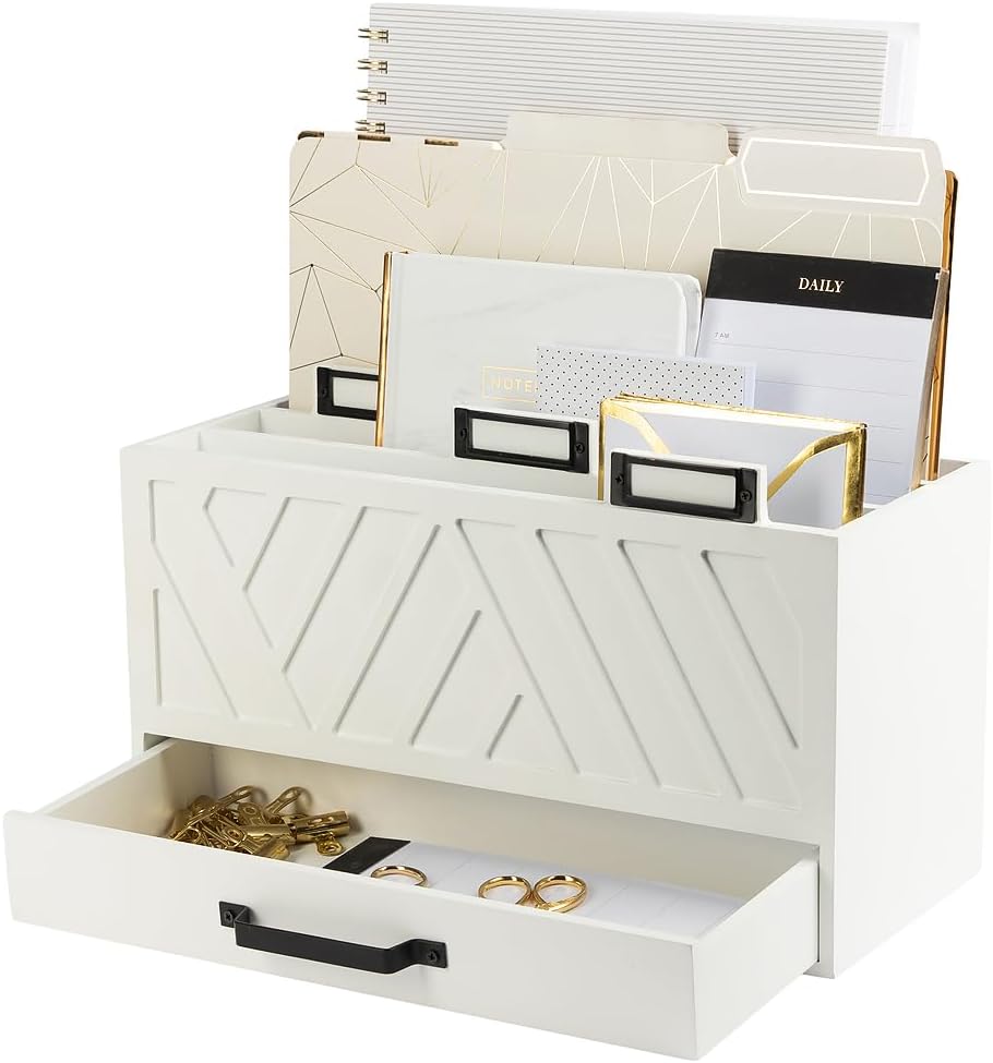 BLU MONACO | Wooden Mail Organizer with Drawer and Gold Labels | Mail Sorter Organizer Countertop for Desk | Paper and Letter Sorter for Office Storage