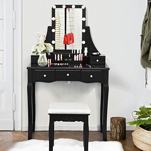 DORTALA Vanity Table Set w/Lighted Mirror, Morden Vanity Dressing Table w/ 10 Dimmable Light Bulbs & 5 Drawer, 2 Dividers Removable Organizer, Bedroom Makeup Table Set w/Cushioned Stool, Black
