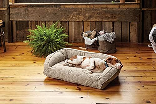 Orvis ComfortFill-Eco Bolster Dog Bed - Plush Rectangular Dog Beds with Three-Sided Bolster for Leaning, Heathered Khaki - S