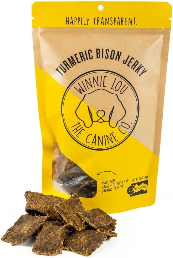 Winnie Lou Turmeric Bison Jerky Dog Treats – Limited Ingredient, Human Grade, Training Treats for Small, Medium & Large Dogs, USA Made, High Protein, Chews, Hypoallergenic, Sensative Stomach (1 Pack)