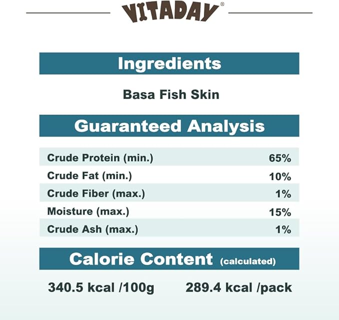 VITADAY Dog Jerky, 100% Fish Skin Dog Treats, Tough Grain-Free Rawhide Alternative, Natural Dog Jerky Treats for, Rich in Collagen & Omega-3, Low Fat, Hypoallergenic, 3 oz Pack, Slice