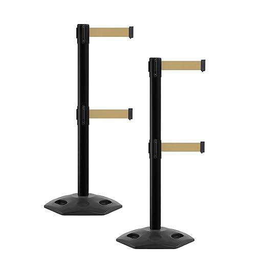 CCW Series WBB-200D - Set of 2 Retractable Dual Belt Barrier Stanchion, Heavy Duty Rubber Base, Black Post (11 Foot Belt, Light Brown Belt)