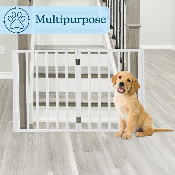 Pet Gate - 4-Panel Indoor Foldable Dog Fence for Stairs, Hallways or Doorways - 72x24-Inch Retractable Wood Freestanding Dog Gates by PETMAKER (White)