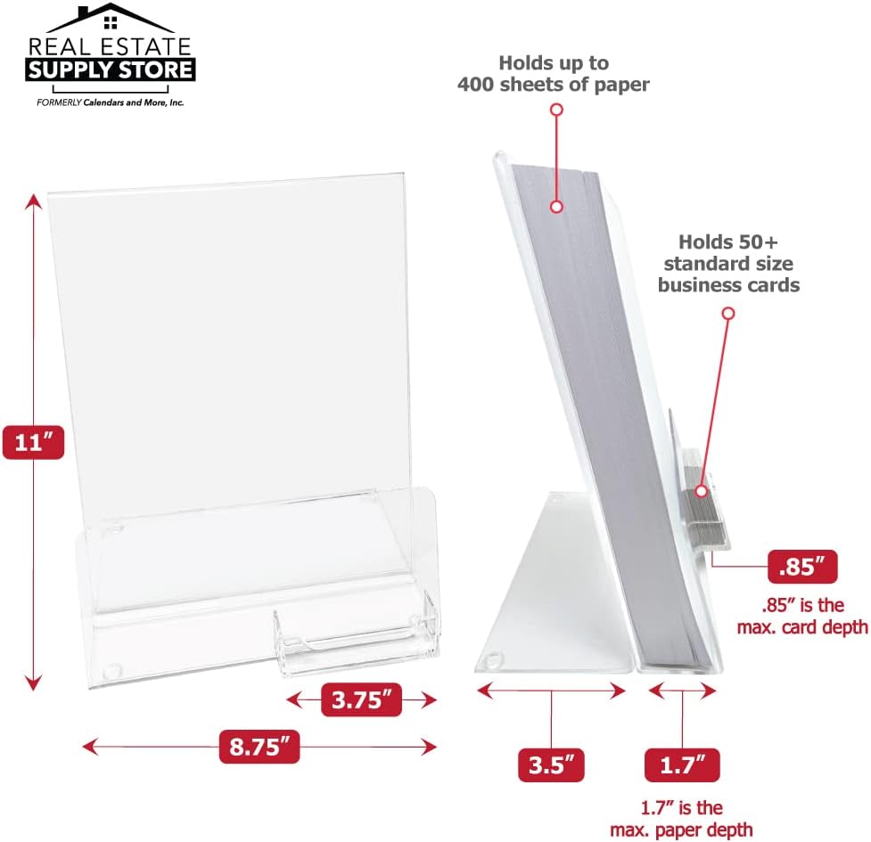 Clear Acrylic Brochure Holder with Business Card Pocket, Large 8.5x11 Letter Size Flyer Literature Desk Stand (Pack of 2)