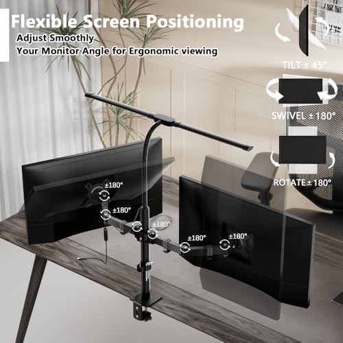 Dual Monitor Stand with LED Desk Lamp,Dual Monitor Mount for Desk Holds up to 30 Inches Screens, Supports 19.84 lbs per Monitor Arm, Swivel, Rotate and Tilt 2 Monitor Desk Mount