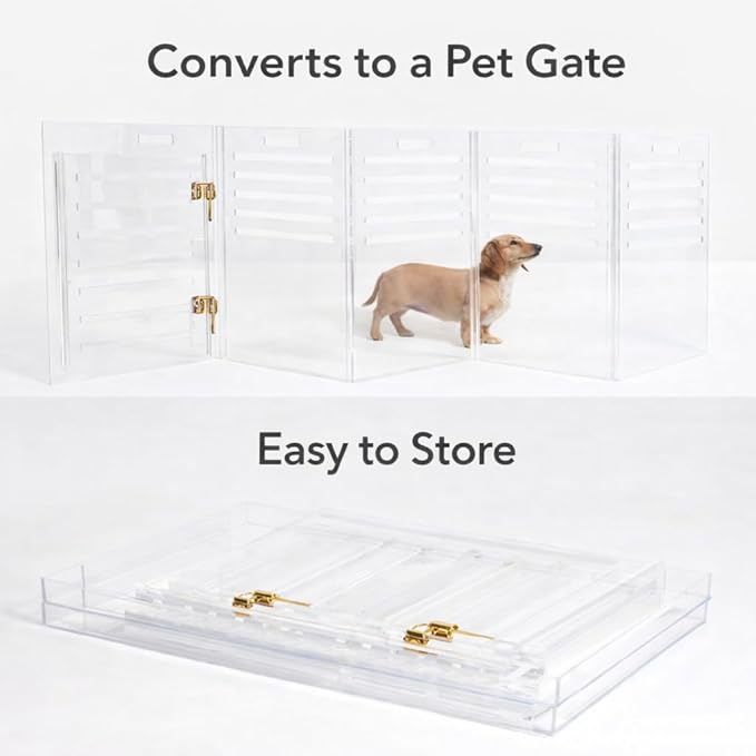 Clear Acrylic Small Dog Crate Furniture with Linen Cushion for Small Dogs up to 22 lbs, 3 in 1 Pet Crate and Gate, Modern Furniture Style Indoor Kennel, Dual Gold Latch, 16 x 24 x 18 in