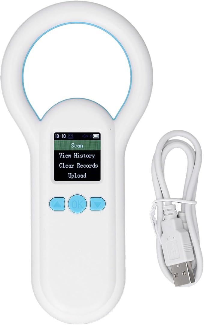 Pet Microchip Scanner and Animal Ear Tag ID Reader with 1.44 Inch TFT Display, 134.2 Khz Working Frequency, Compatible with ISO 11784, ISO 11785, FDX B, and ID64 Standards, 500