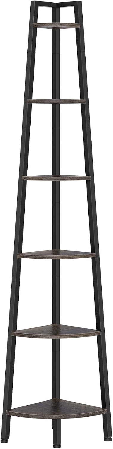 Hoctieon Corner Shelf, 6-Tier Corner Bookshelf, Rustic Ladder Shelf, Industrial Display Stand for Living Room, Kitchen, Home Office, Balcony, Small Space, Metal Frame, Grey