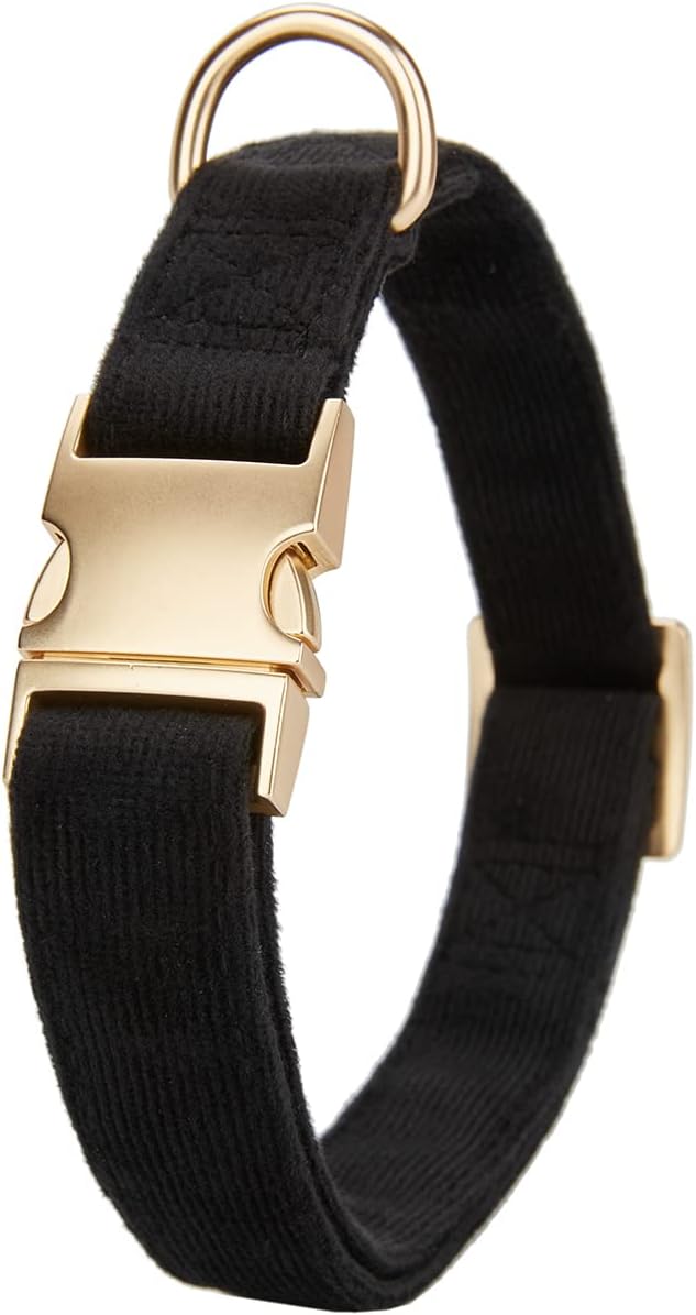 Soft Cotton Dog Collar with Metal Buckle Adjustable Heavy Duty Comfy Corduroy Collars for Small Medium Large Dogs,Black,Large