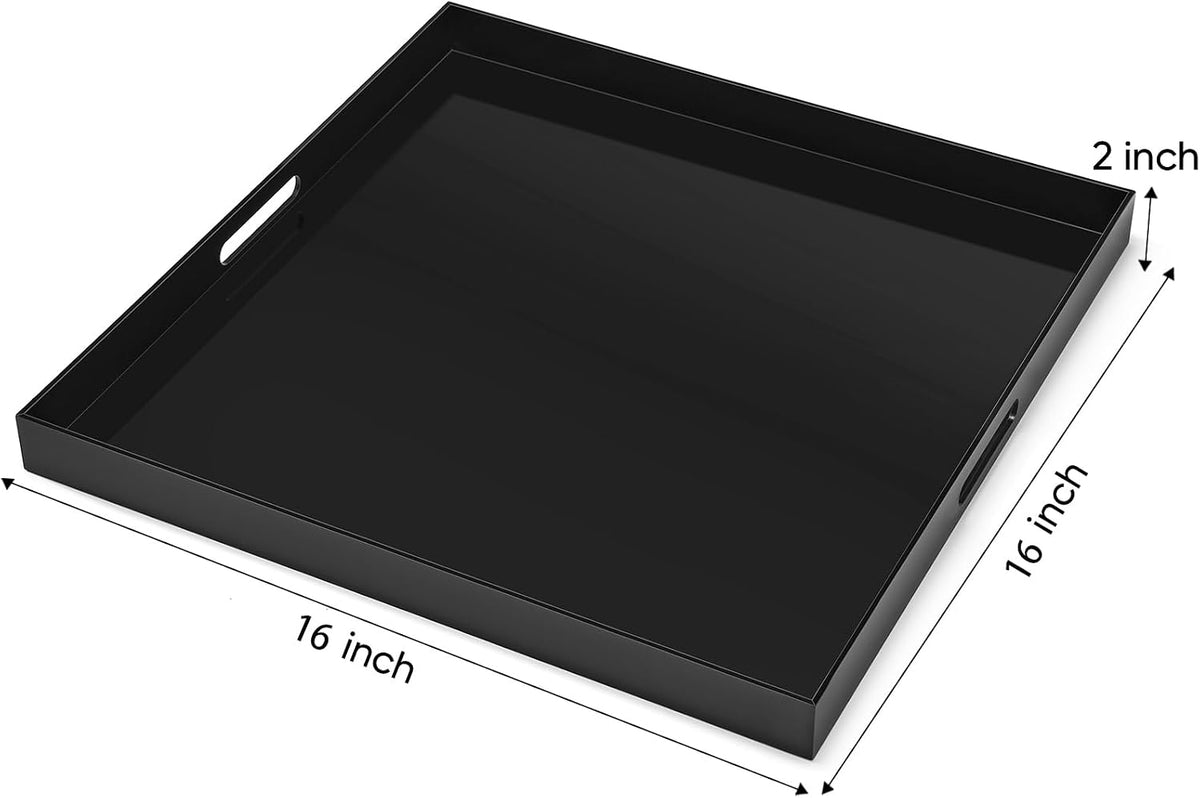 16×16 inches Black Acrylic Serving Tray with Cutout Handles, Sturdy Large Acrylic Tray for Ottoman, Coffee Table, Kitchen and Desk Organizer, Storage Tray (16"x16")