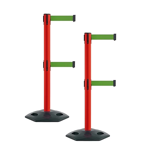 Montour Line MSR630D Set of 2 Retractable Belt Barrier Stanchion, Heavy-Duty Rubber Base, Red Post (13 ft Green Dual Belt)
