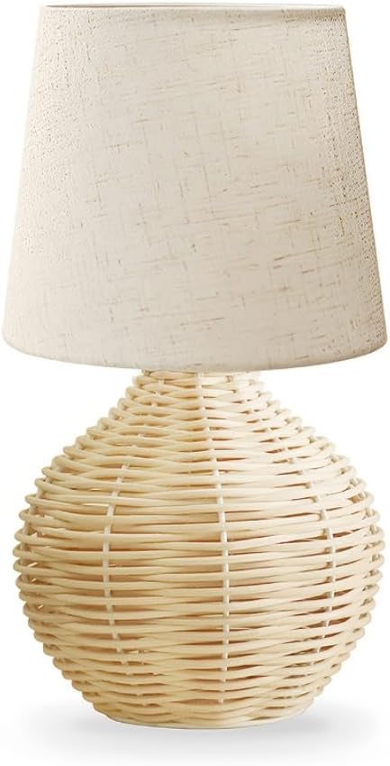 Rattan Small Table Lamp, Boho Farmhouse Style, Cotton Linen Lamp Shade, 6.2×6.2×11.8 Inch, with E12 LED Warm Light Bulb