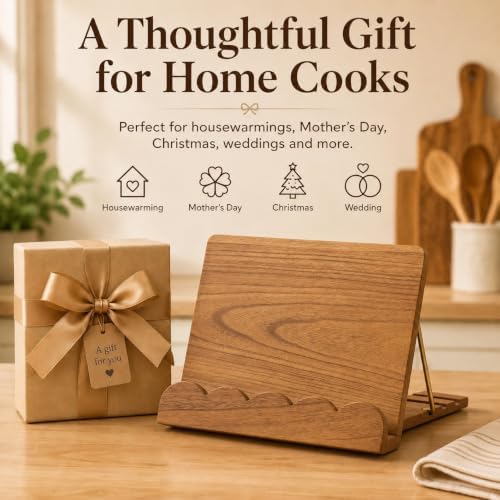 Cookbook Stand for Kitchen Counter, Adjustable Solid Wood Recipe Holder