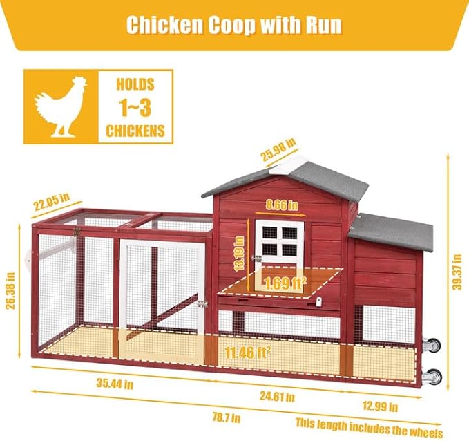 Wooden Chicken Coop Cage Outdoor Indoor Hen House with Nesting Box, Waterproof Roof, Removable Tray for Poultry Pets Enclosure Garden Backyard (RED)