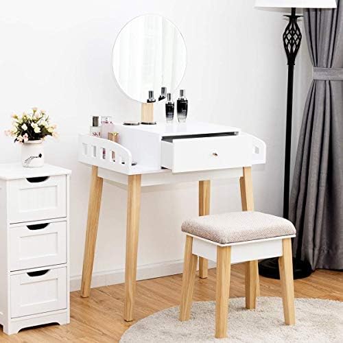 GIANTEX Vanity Table Set with Height Adjustable Round Mirror, Makeup Mirrored Dressing Table with Cushioned Stool, Side Storage and Large Drawer, Gift Vanities for Women Girls Bedroom (White)