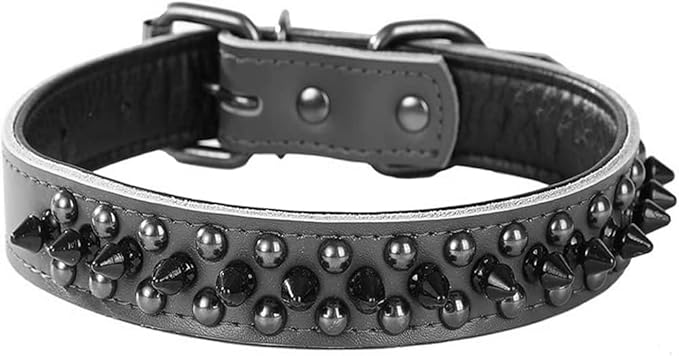 Spiked Studded Dog Collar, Genuine Leather Dog Collar, Adjustable Pet Collars for Medium Large Bulldog Pitbull Mastiff Poodle Boxer (L:37-47cm, Black-1)