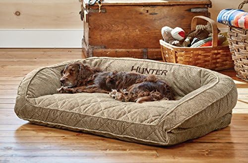Orvis ComfortFill-Eco Bolster Dog Bed - Plush Rectangular Dog Beds with Three-Sided Bolster for Leaning, Brown Tweed - S