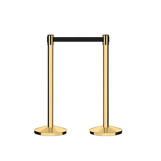 CCW Series RBB-100 - Set of 2 Stanchion Retractable Belt Barriers (11 Foot Belt, Yellow with"Caution - Wet Floor" Black Letters Belt with Polished Brass Post)